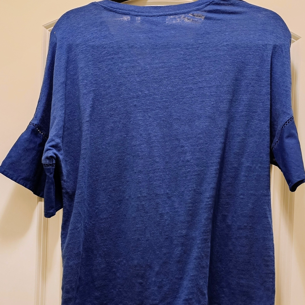 NWT Chico’s Linen Flutter Sleeve Top Blue Size 1 Medium Coastal Resort - Picture 5 of 9